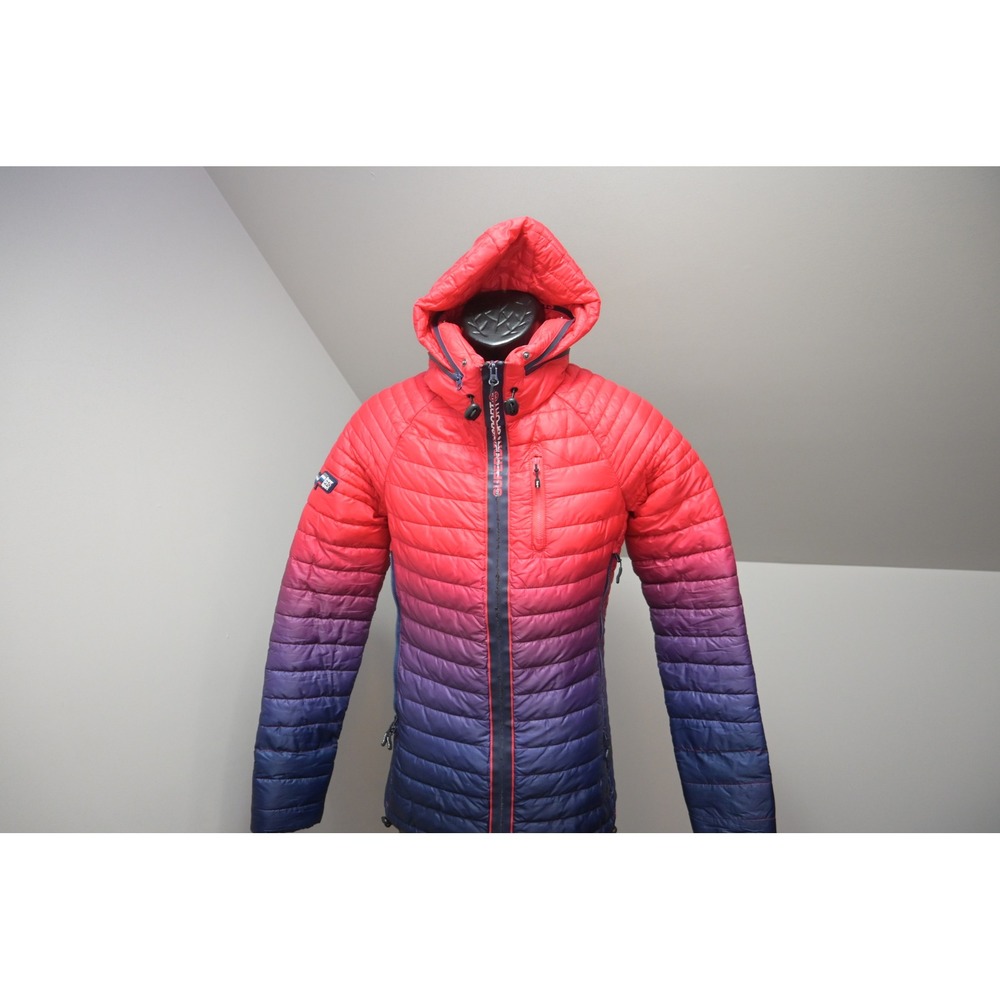 Superdry Sport Puffer Jacket Womens Size 6 Red Navy Ombre Hooded Excellent‎
